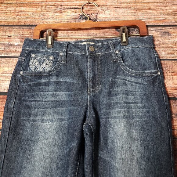 Earl Jean Embellished Jeans Size 8 Dark Blue Denim Capri Cropped Cuffed - Picture 4 of 8